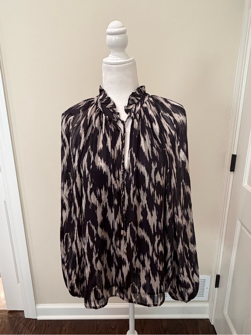 Joie Black and Cream Printed Ruffle-Neck Blouse